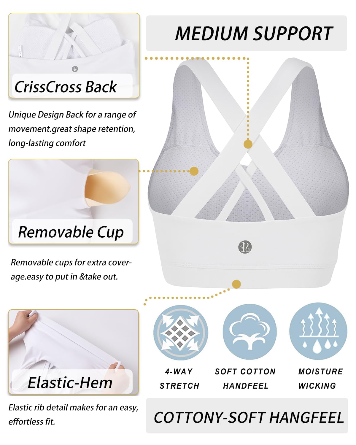 RUNNING GIRL Sports Bra for Women, Criss-Cross Back Padded Strappy Sports Bras Medium Support Yoga Bra with Removable Cups A-White