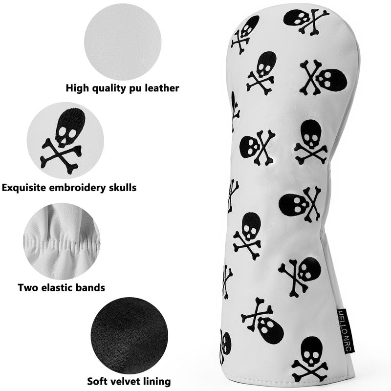 Gbourly Golf Club White Skull and Crossbones Skeleton Fairway Wood Head Cover PU Leather Headcover