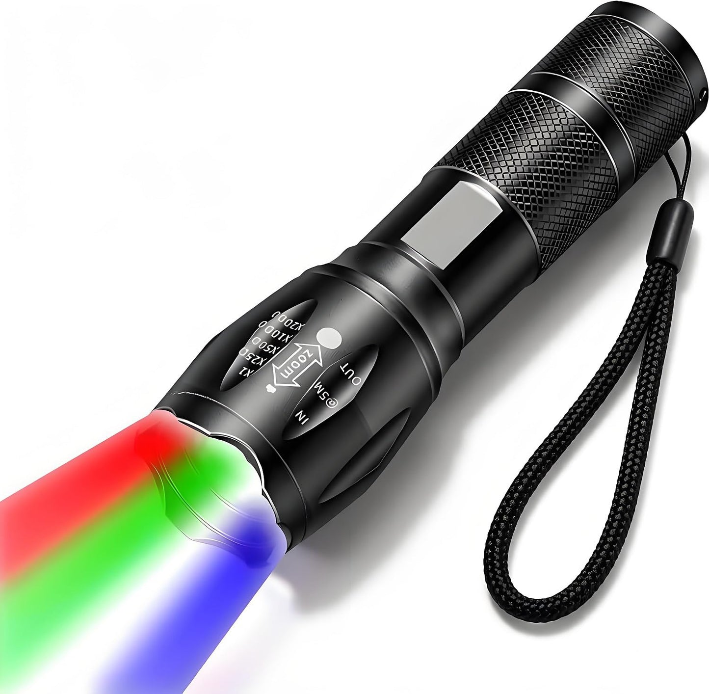 MVIOCS 4-in-1 Red Rechargeable Flashlight - Multi-Color LED (White/Red/Blue/Green) Torch with 4 Modes, High Lumens Zoomable Flashlight for Camping, Observation, Emergency & Outdoor Adventures