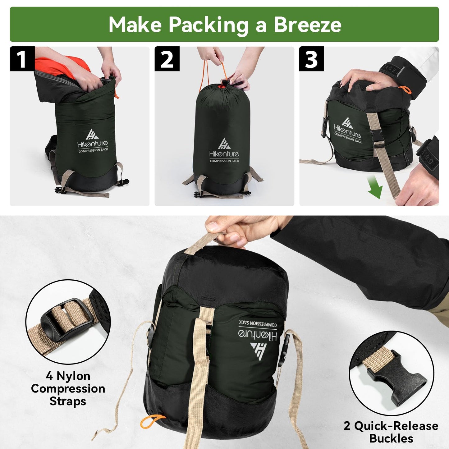Hikenture Compression Sack for Sleeping Bag, Upgrade Anti-Tear Nylon Sleeping Bag Stuff Sack, 10L/14L/20L/30L Water-Resistant Compression Bag, Storage Bag (Dark Green, 20L)