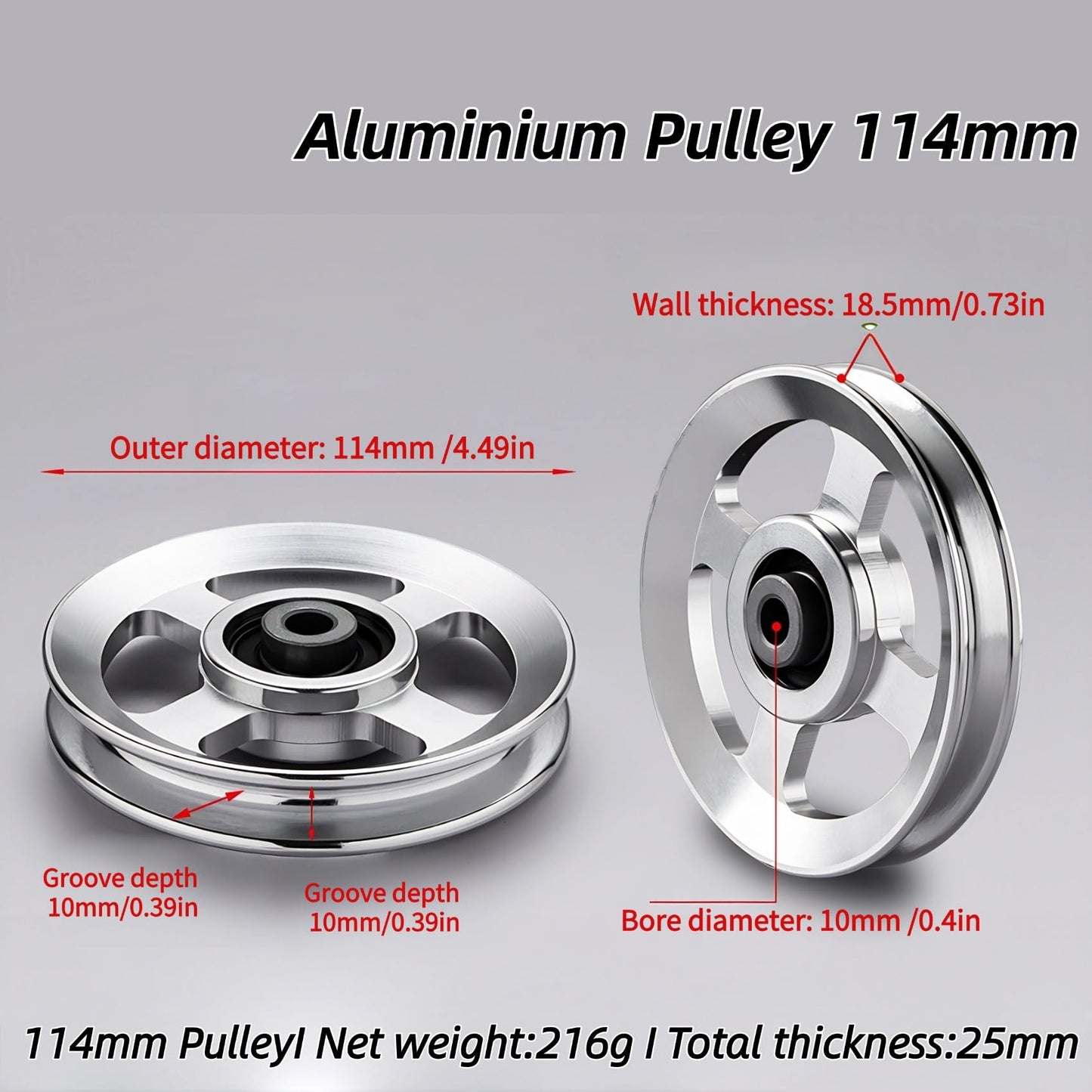 Gueiddi Aluminum Pulley for Home Gym, Load Capacity Sealed Bearing Pulley System, Quiet & Smooth Replacement Gym Pulley Wheel for Cable Machine, LAT Pulldown, Weight Equipment (1, Silver, 114-115mm)