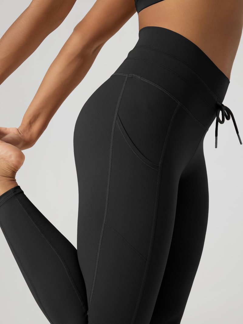 ODODOS Women's Drawstring Tie Pocket Leggings 25" Inseam 7/8 Length High Waist Workout Yoga Pants, Black, Small