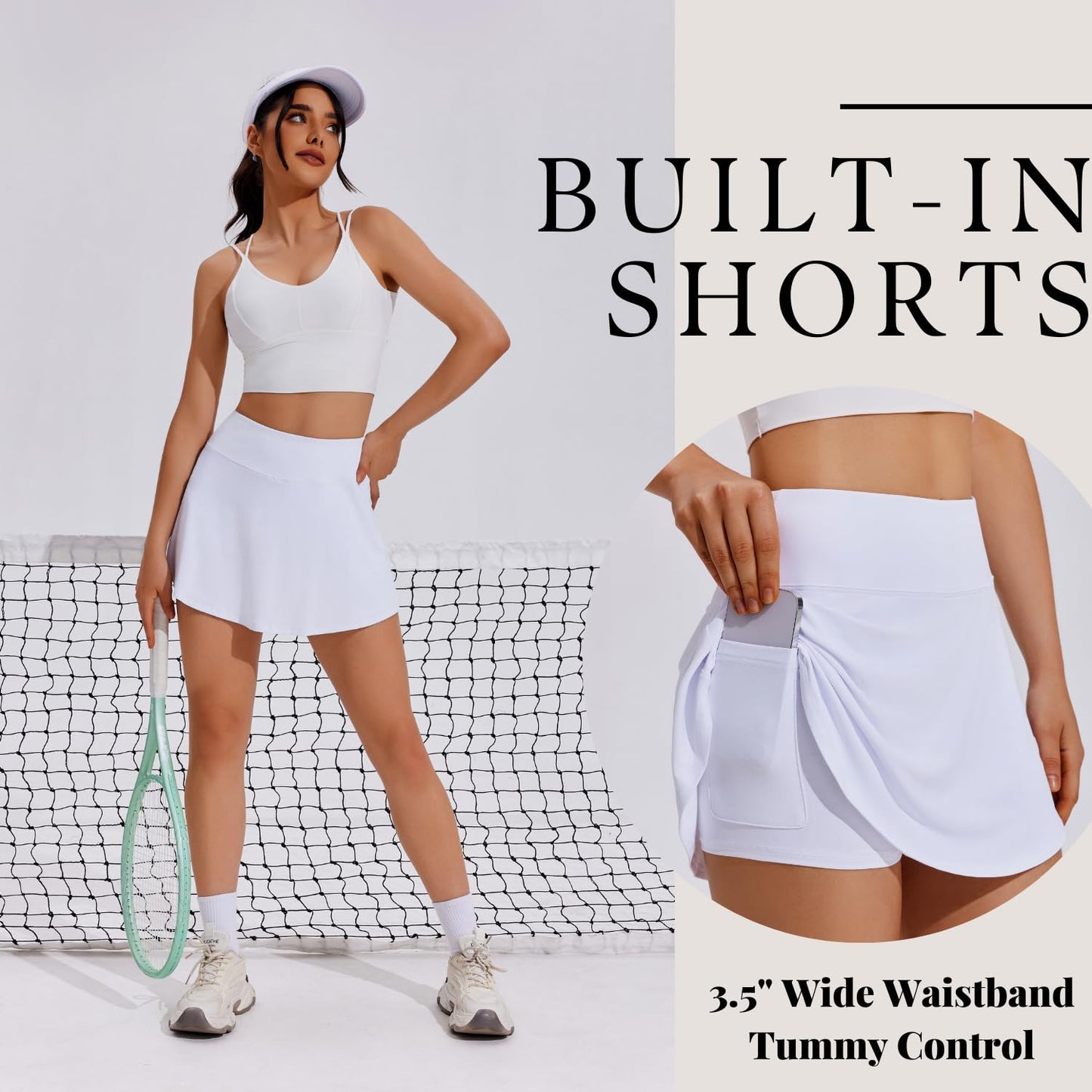 PINSPARK Tennis Skirts Women Pleated Mini Skirt Lightweight Athletic Skort with Pocket Flowy Golf Outfits,White Medium