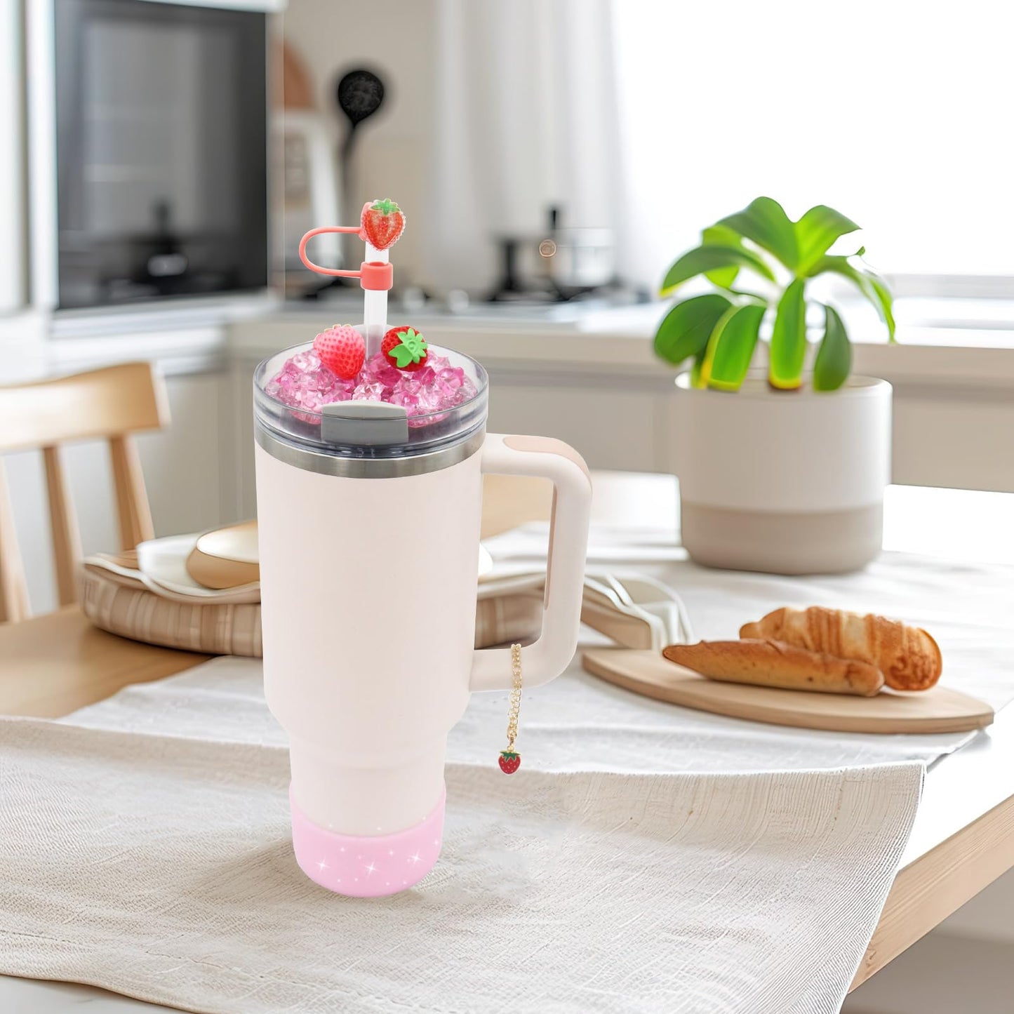 Cup Lid Topper Decoration for Stanley 40 oz，Including Silicone Boot, Silicone Straw Topper Cover Cap, Lid Charms，Cup Chain - Cute Strawberry Decoration Accessories