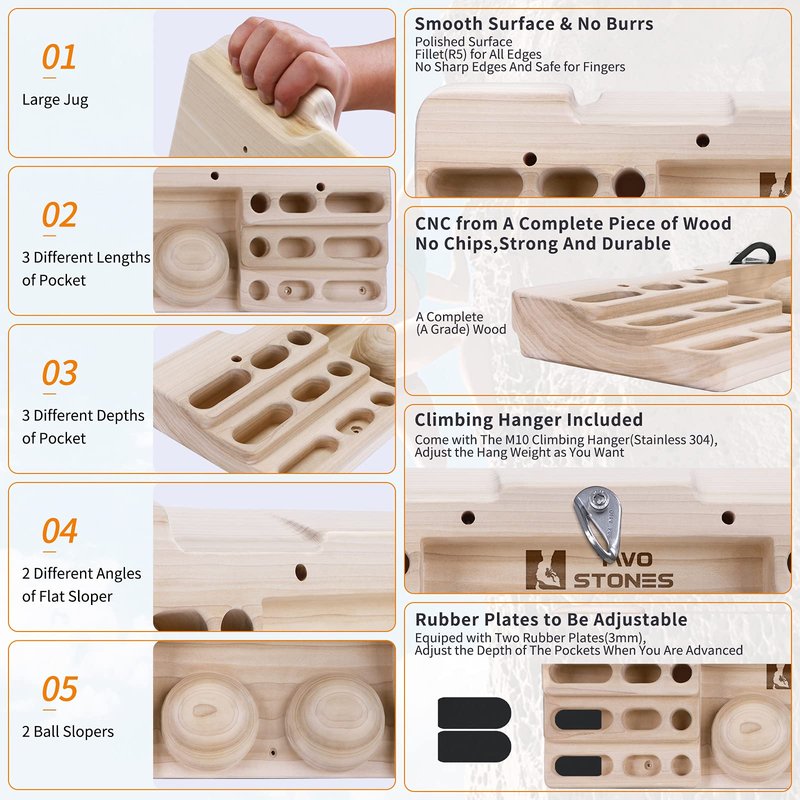TWO STONES Wooden Hangboard Rock Climbing Pull Up Bar Designed Training for Climbing, Wooden Fingerboard Climbing Training Board for Building Core Strength and Endurance (CJ-HB2005)
