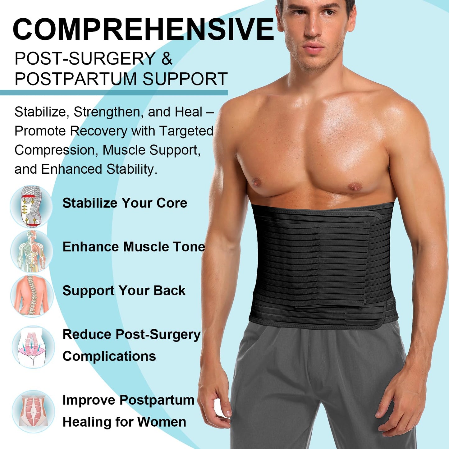MAMODY Abdominal Binder for Men & Women – Post Surgery Belly Band Adjustable Compression Wrap Belly Binder Abdomen Hernia Support Belt (L)