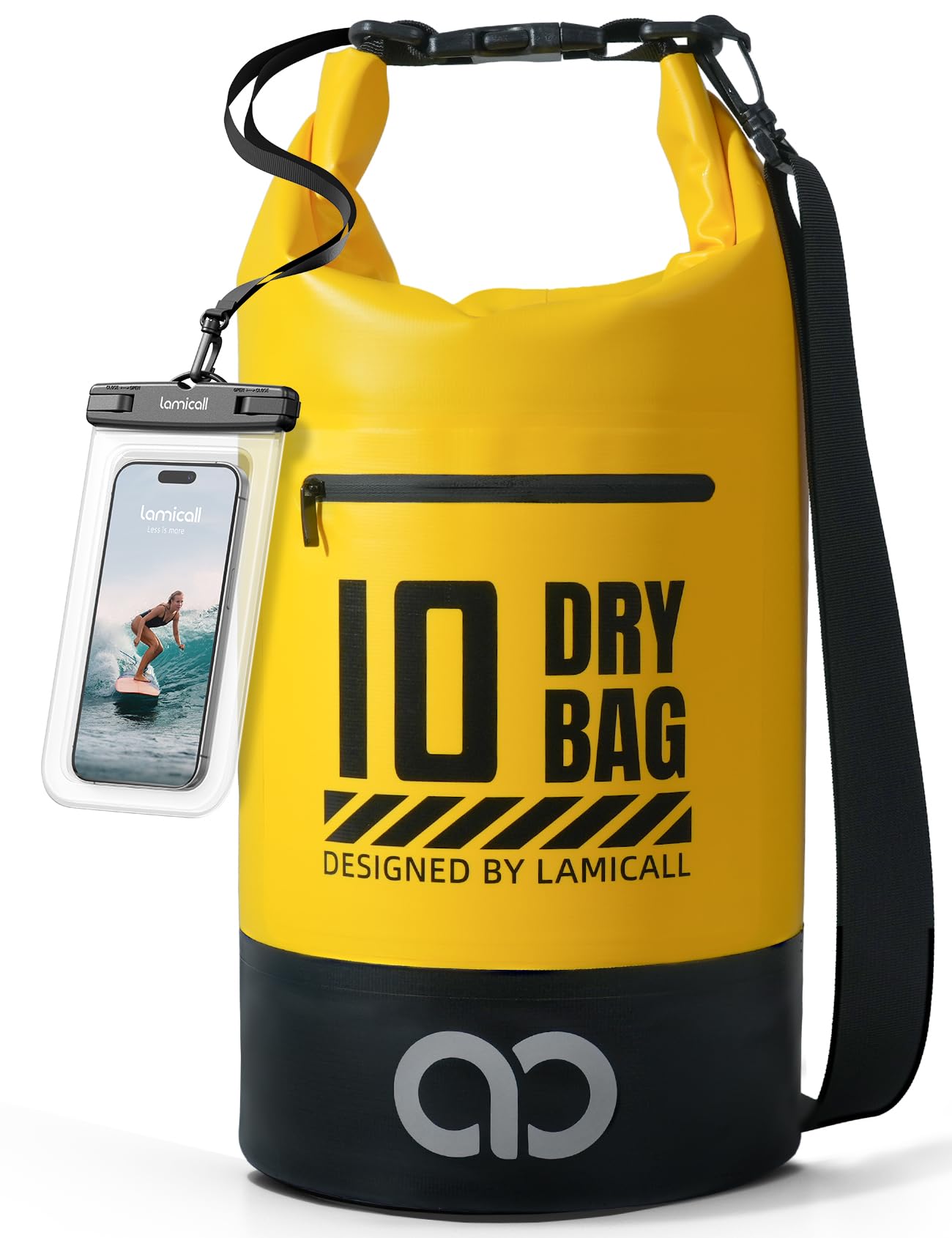 Lamicall Waterproof Dry Bag with Phone Pouch - 5L/10L/20L/30L/40L Floating Roll Top Backpack for Kayaking Boating Beach Camping Fishing - Heavy Duty 500D PVC Marine Dry Sack for Men,Women, Yellow 10L