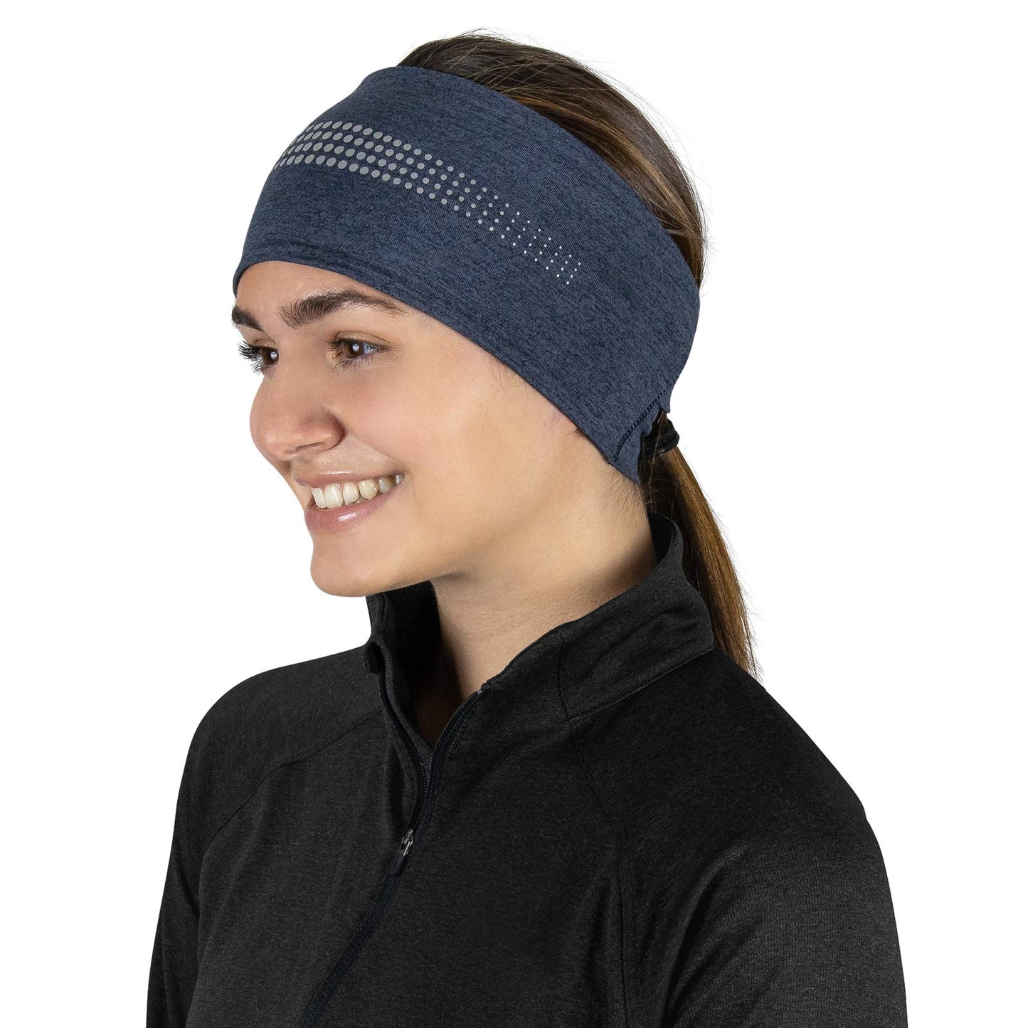 TrailHeads Womens Ponytail Headband - Reflective, Moisture Wicking Hair Headband for Running, Winter - Adrenaline Series - Heather Navy Reflective