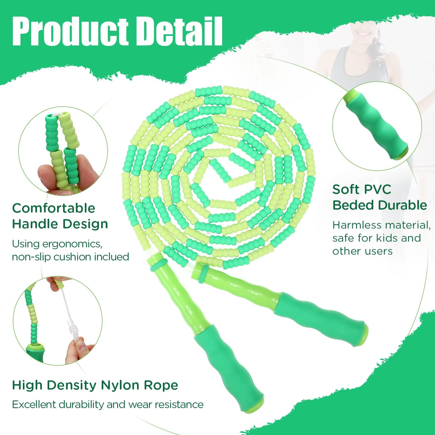 12 Pcs Soft Beaded Jump Rope for Kids Adjustable Length Knot Proof Skipping Rope for Girls Boys Women Men Adults Exercise Keeping Fit Training Weight Loss Exercise Equipment Games (Green)