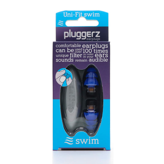 PLUGGERZ SWIMMING EARPLUGS – Waterproof Filter Helps Keep Ear Canal Dry - Hypoallergenic Silicone - Comfortable For Swimming - Over 100 Uses - Storage Box Included