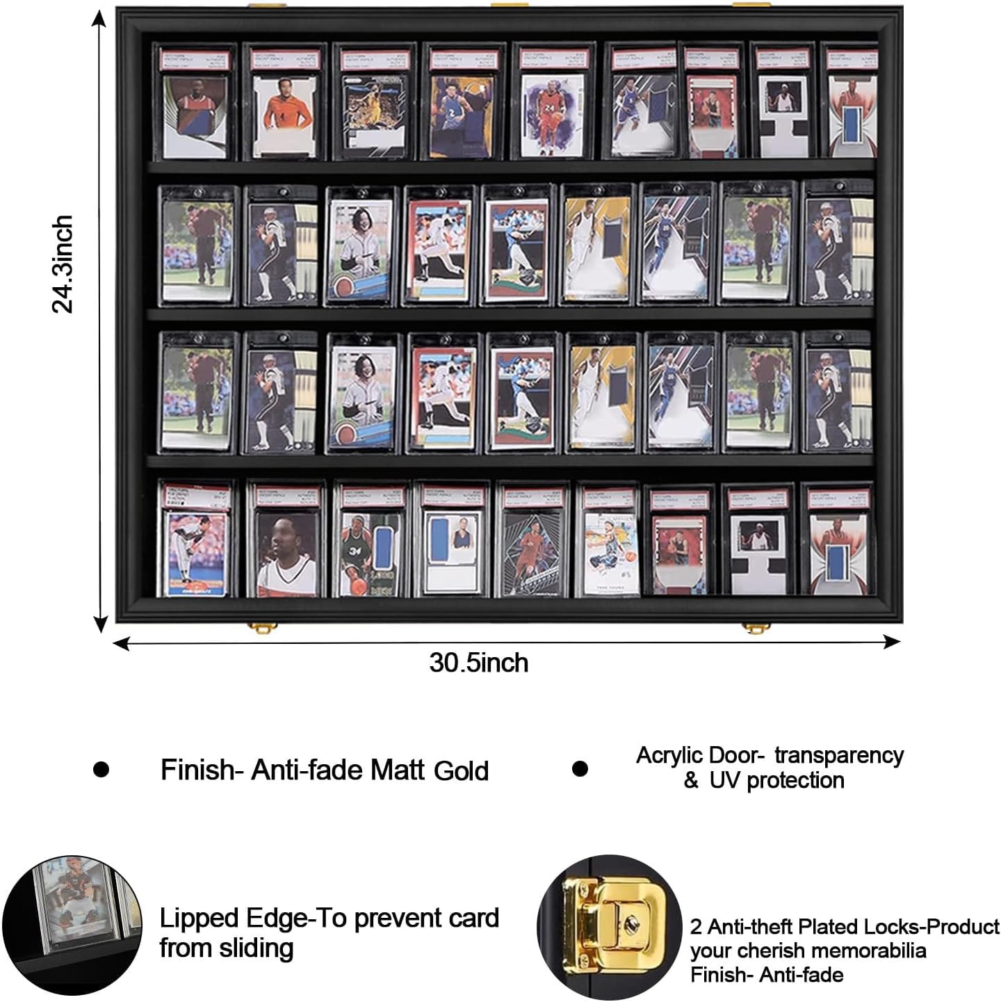 VERANI 36 Baseball Card Display Case, Graded Sports Card Display Frame with UV Protection & Lock, Large Wall Cabinet for Football Hockey Basketball Trading Cards (31x24.3x2.1 in)