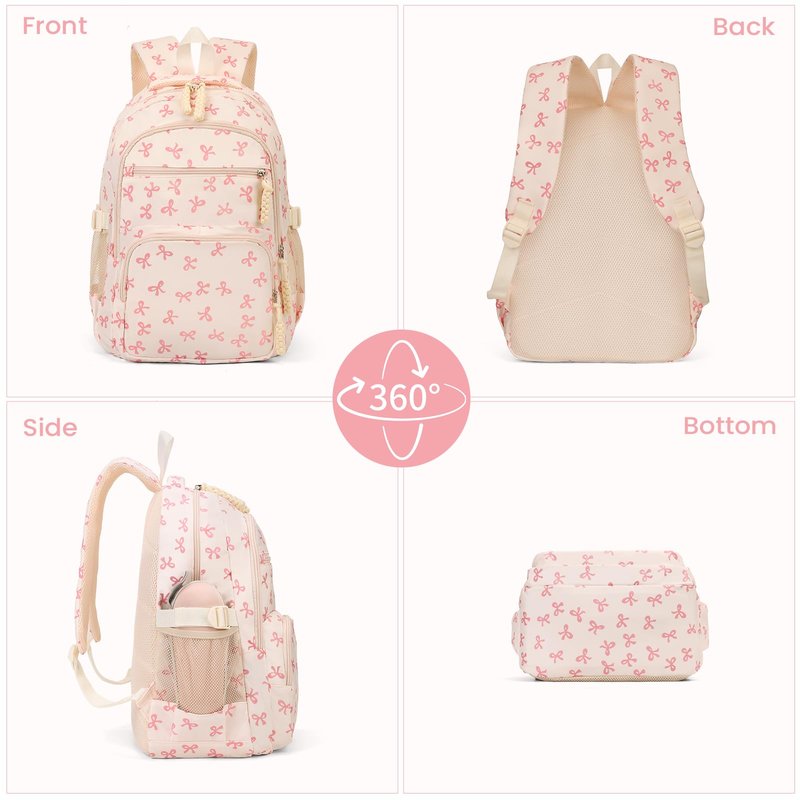 Cohawk Bow Backpack for Women Coquette Aesthetic Nylon Rucksack Cute Kawaii Backpack 3Pcs Set With Bow Pattern