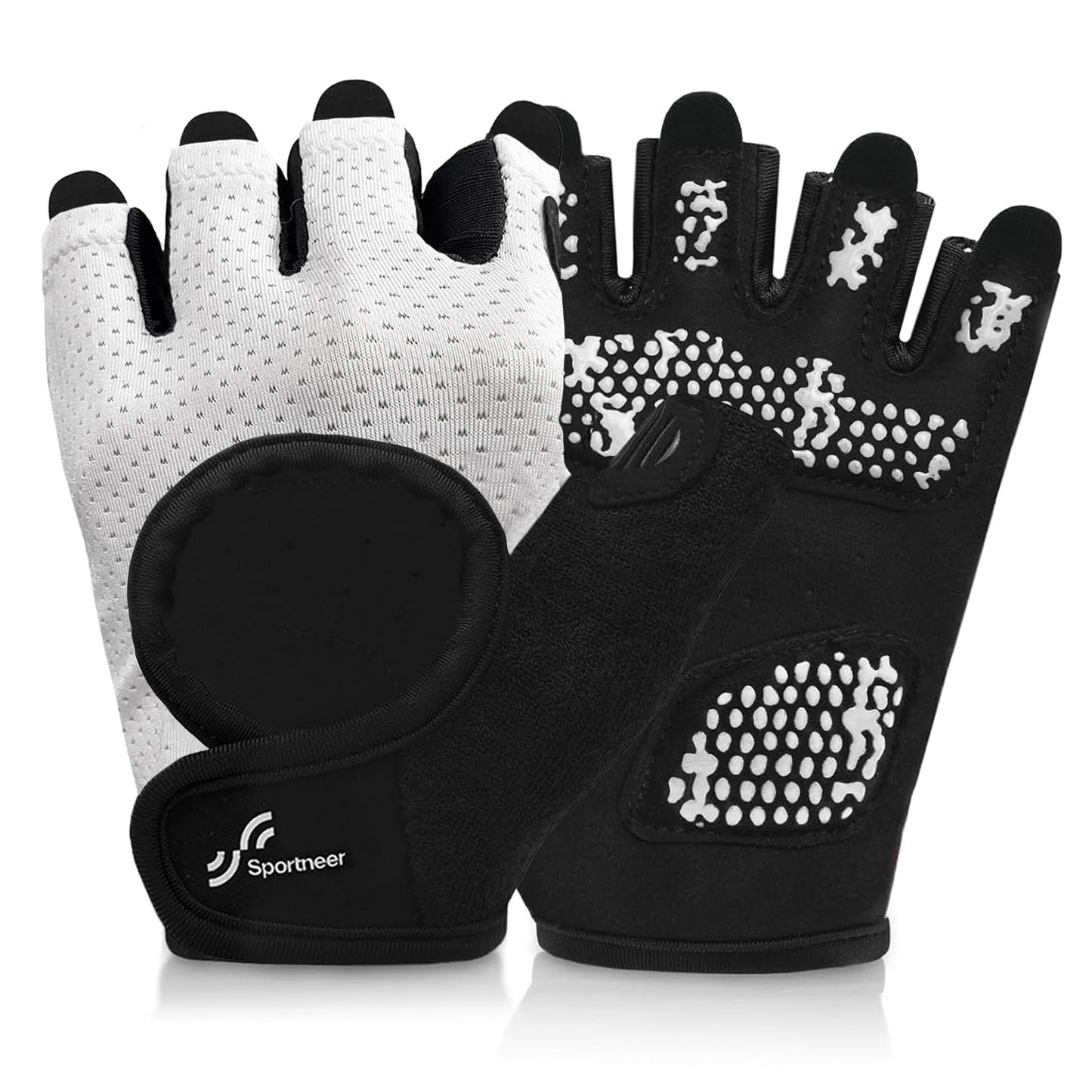 Workout Gloves for Men & Women, Full Palm Protection Breathable Exercise Gloves w/ Curved Open Back, Lightweight Fitness Gloves for Pull Up, Dumbbells, Yoga, Gym, Cycling, Rowing (Black-white, Large)