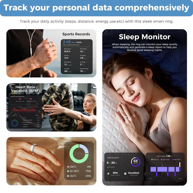 APOBATK Smart Ring for Men Women, Health & Fitness Tracker with Heart Rate, Sleep Monitor, Step Counter, IP68 Waterproof, Silver #7