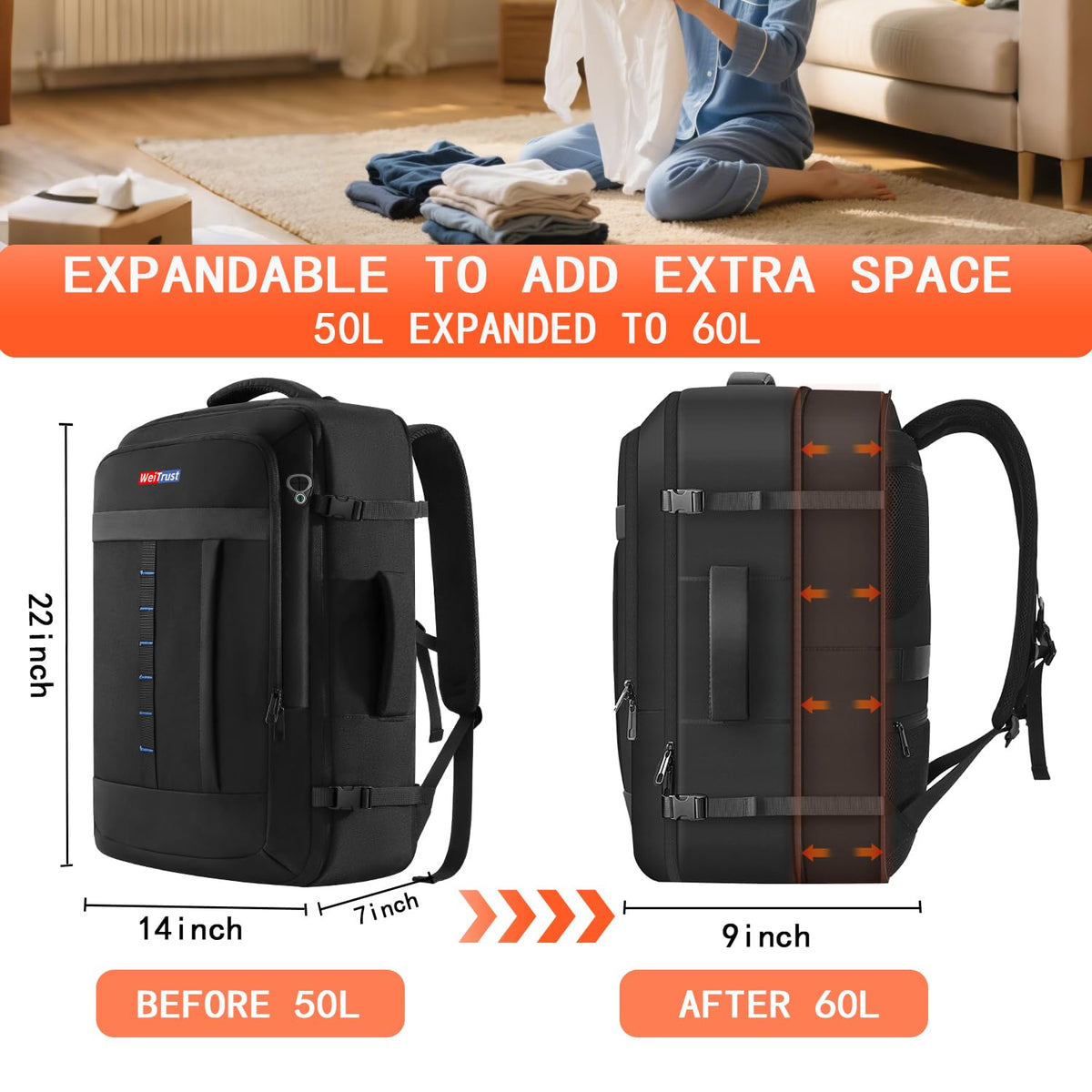 WeiTrust Travel Laptop Backpack, 50-60L Large Expandable Suitcase-Style Backpack for Business & Daily Travel, Carry-On Friendly with Side Water Bottle Pockets, Fits 18-Inch Laptops