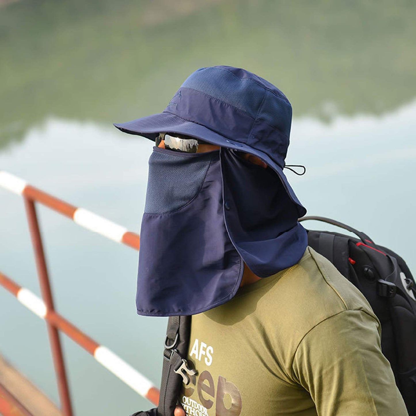Fishing Hat for Men & Women, Outdoor UV Sun Protection Wide Brim Hat with Face Cover & Neck Flap Dark Blue