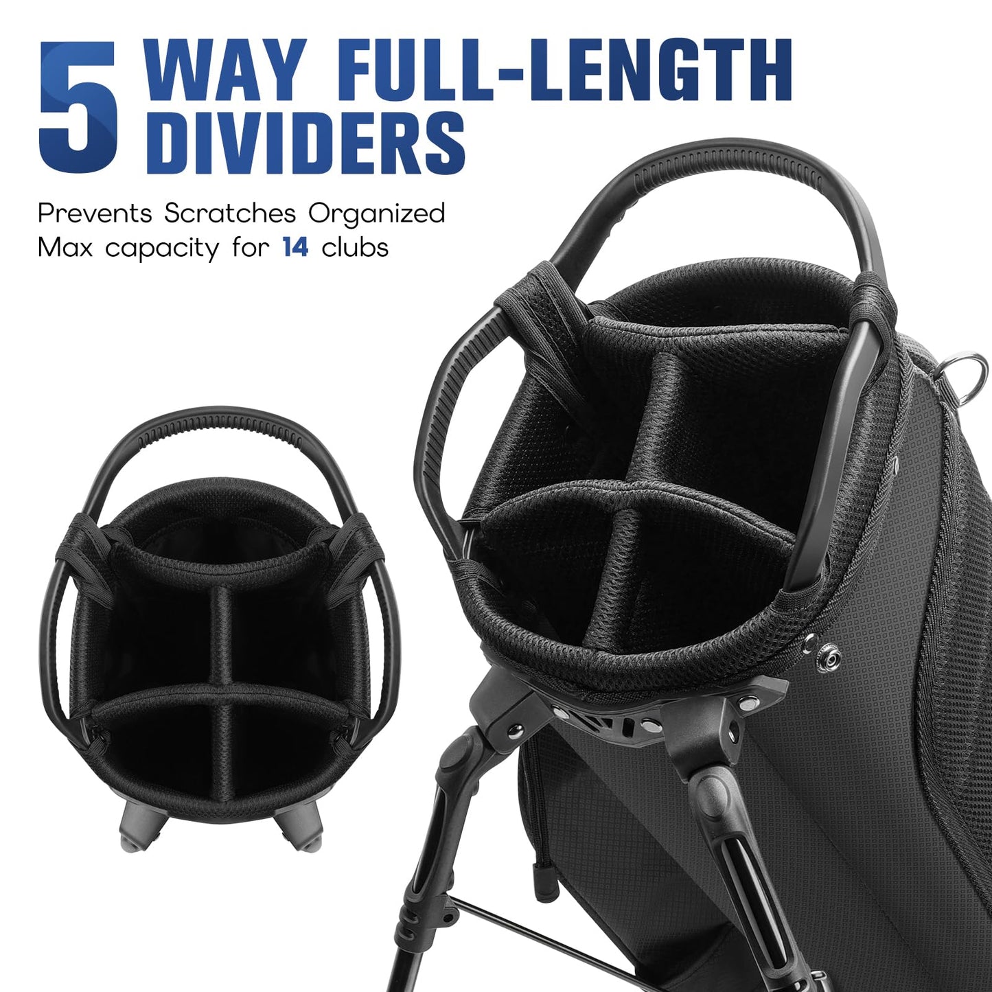RIOROO 5 Way Golf Stand Bag with Full Length Dividers, Lightweight Golf Bag with Rain Cover, 6 Zippered Pockets & Cooler Bag, Breathable Straps