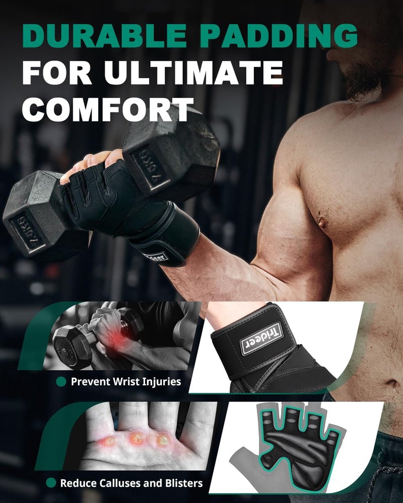 Trideer Workout Gloves - Weight Lifting Gloves with Wrist Wrap Support | Full Palm Protection & Extra Grip for Men