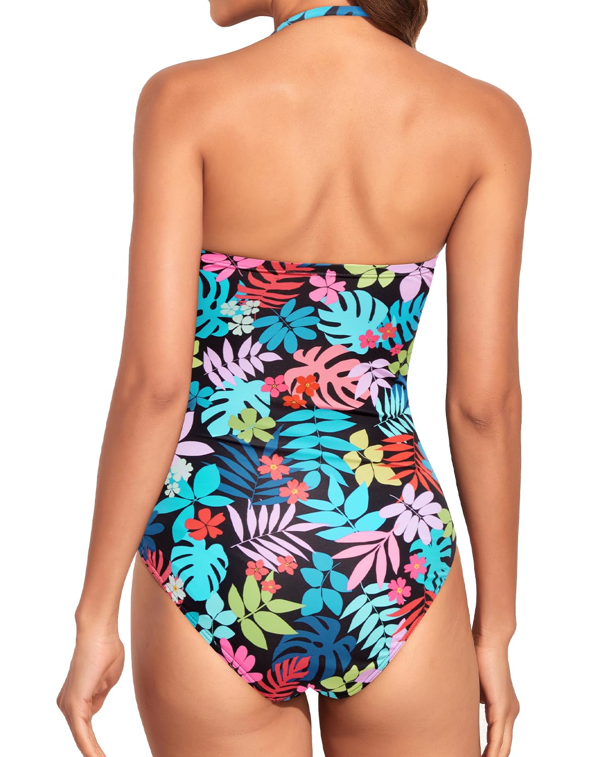 Holipick Women Colorful Leaves One Piece Swimsuits Tummy Control Bathing Suits Halter Strapless Bandeau Swimwear S