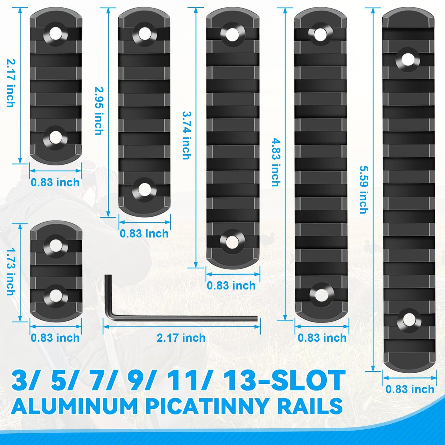 REERON Single Picatinny Rail Section Adapter 6 Pack 3 5 7 9 11 13 Slot Aluminum Picatinny Rails Accessory with 13 T-Nuts & Screws, 3 Allen Wrench - Rounded Corner, Black