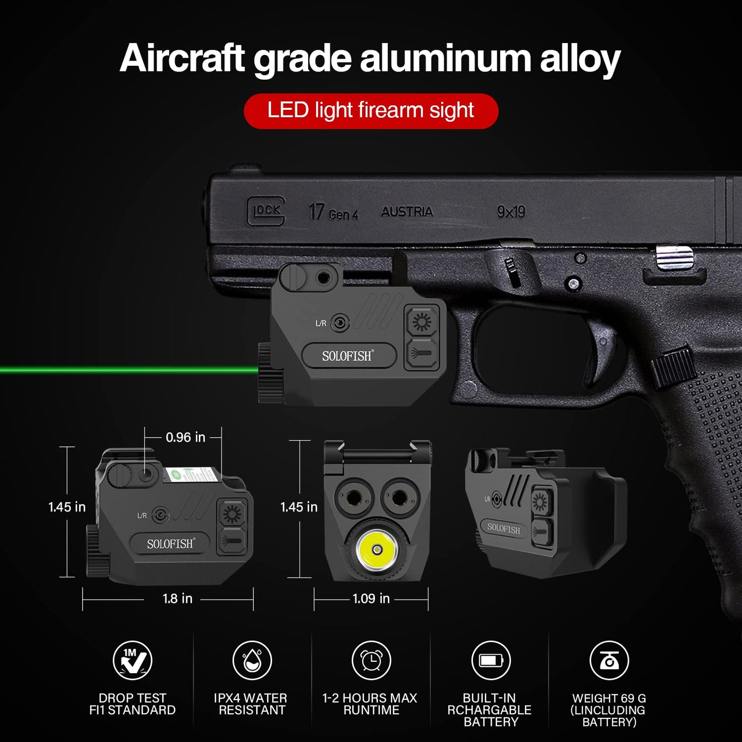 Solofish Pistol Laser Light Combo Red Green Laser Beams for Guns with Weaponlight Tactical Strobe Handgun Lights Laser Sight Compatible with Glock 19 Accessories