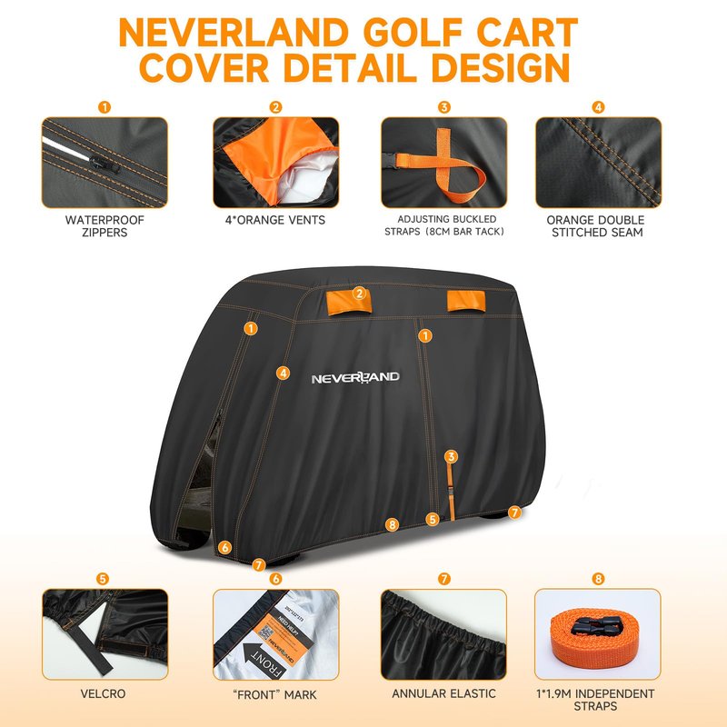 NEVERLAND Golf Cart Cover 4 Passenger, Heavy Duty 420D Golf Cart Covers, Waterproof Club Car Golf Cart Cover with Zipper Doors Compatible with EZGO Yamaha Club Car 4 Seat (Up to 115 Inch)