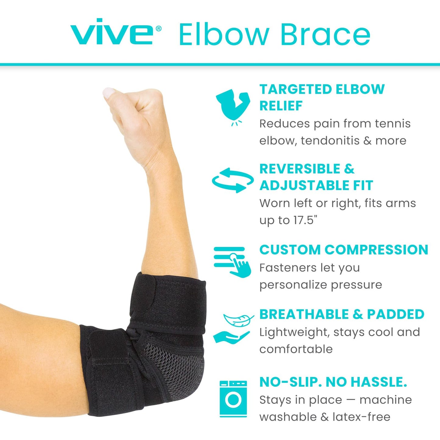 Vive Elbow Brace - Tennis Compression Sleeve - Wrap for Golfers, Bursitis, Left or Right Arm - Tendonitis Support Strap for Golf, Men and Women - Epicondylitis and Sports Recovery