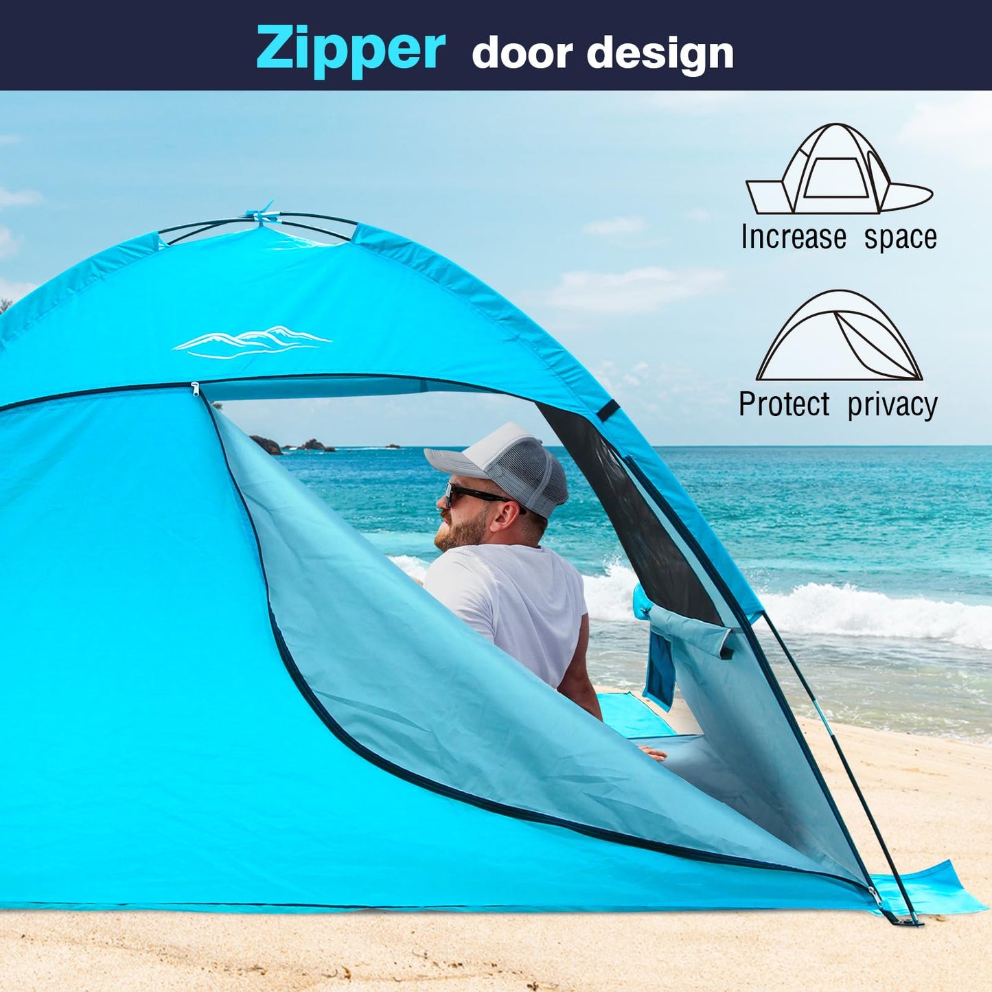 Beach Tent for 2-3-4 Person, UPF 50+ Anti-UV Portable Shelter with Sunshade