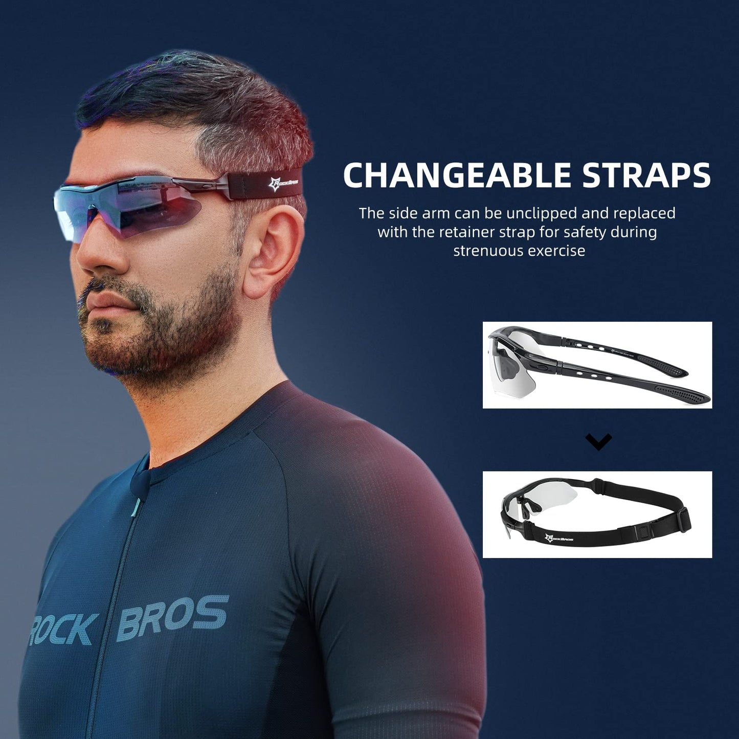 ROCKBROS Photochromic Sports Sunglasses Mens Pickleball Glasses Cycling Glasses MTB Sunglasses, with Removable Elasctic Band