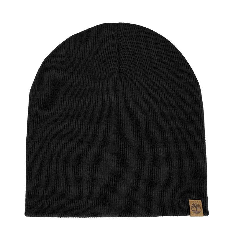 Timberland Men’s Ribbed Pull-On No Cuff Beanie - Soft Rib Knit Winter Hat, Stretch Fit, Warm Classic Look, Suede Logo Clip, Black, One Size