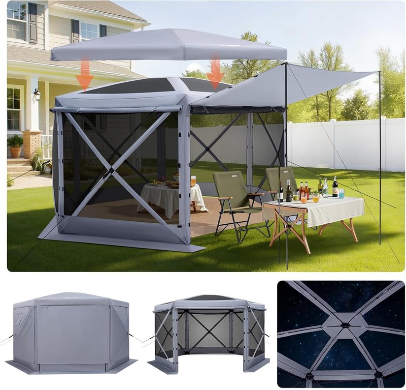 Pop Up Gazebo Screen Tent - 12x12 ft Large 6-Sided Canopy with Removable Top | Quick-Set, Bite-Proof Sun Shelter for 8-10 Persons, Grey