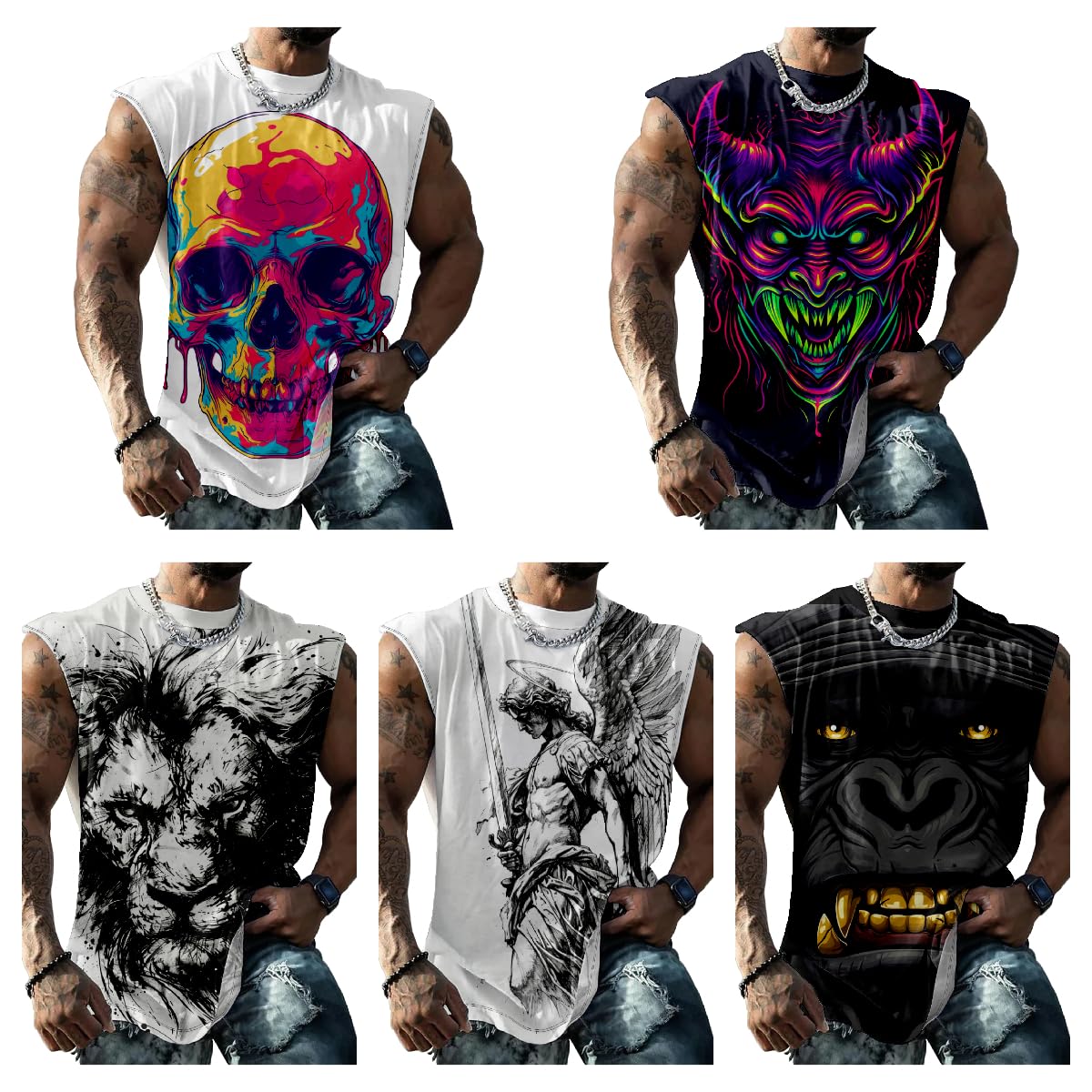 Biacolum Sleeveless T Shirts for Men Muscle Tank Top Summer Trendy Devil Graphics Bodybuilder Workout Big and Tall Muscle Shirts for Men Comfortable Tank Tops Suitability Gym Athletic,White Devil,L