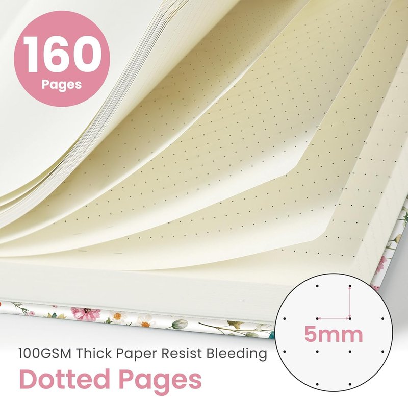 Taja Dotted Journal - A5 Hardcover Leather Notebook for Writing & Sketching | 160 Pages, Garden Design