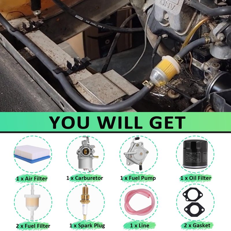 Golf Cart Tune Up Kit Compatible with Club Car DS Gas 1992-2004 with 1016478 Carburetor, 1016467 Oil Filter, 1025582 Air Filter, 1014523 Fuel Pump, AM116304 Fuel Filter and F7TC Spark Plug by Podoy