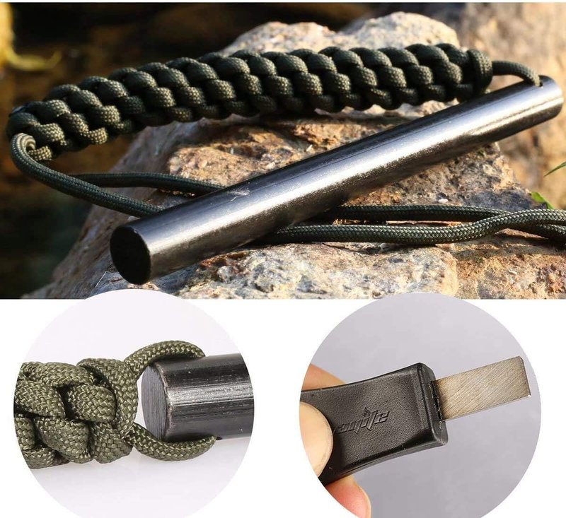 Survival Flint Steel Fire Starter Kit - Ferrocerium Rod with Striker & Paracord Handle | 1/2 x 6 Inch
