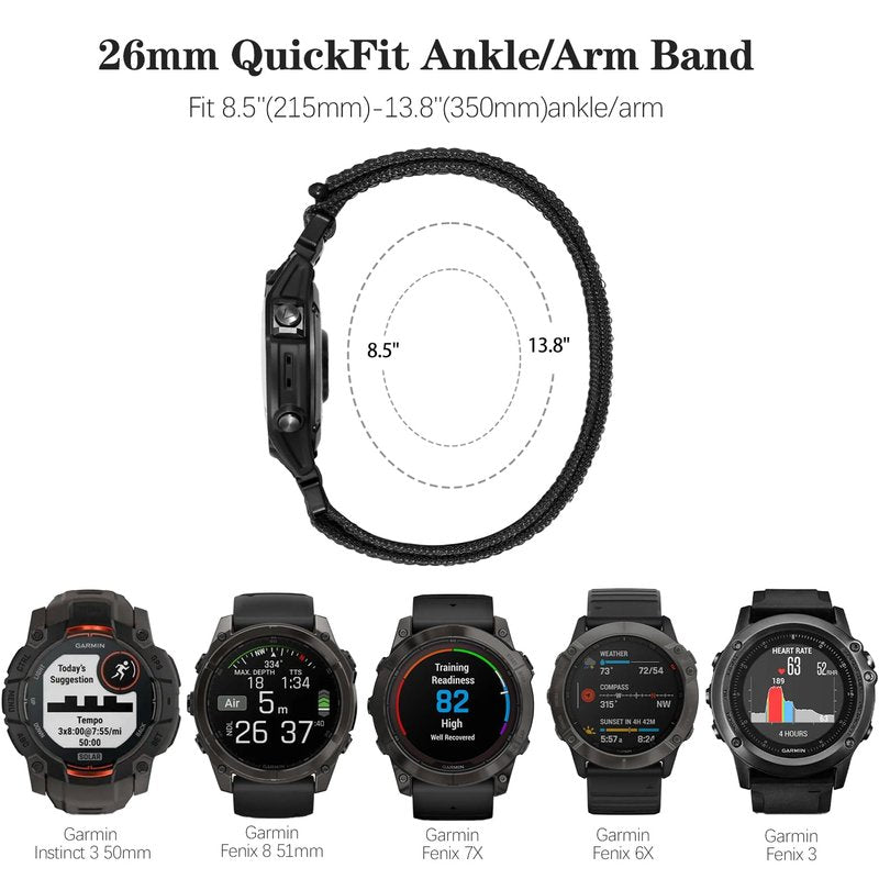 Oanux 26mm QuickFit Sports Ankle/Arm Band Compatible with Garmin Fenix 8 51mm/7X/6X/6X Pro//5X/5X Plus/3/3 HR, Soft Nylon Bicep Strap for Instinct 3 50mm Band Men Women