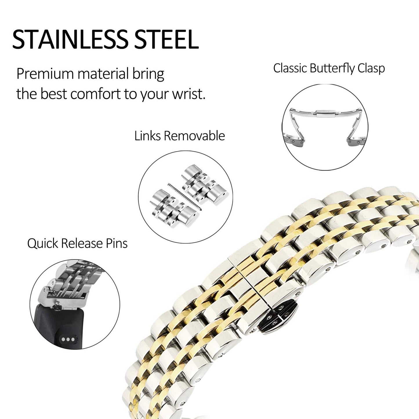 Chofit Metal Bracelet Compatible with Fitbit Inspire/Inspire HR/Inspire 2 Bands, Stainless Steel Replacement Strap Wristband Accessories for Inspire Tracker for Women (Silver-Gold)