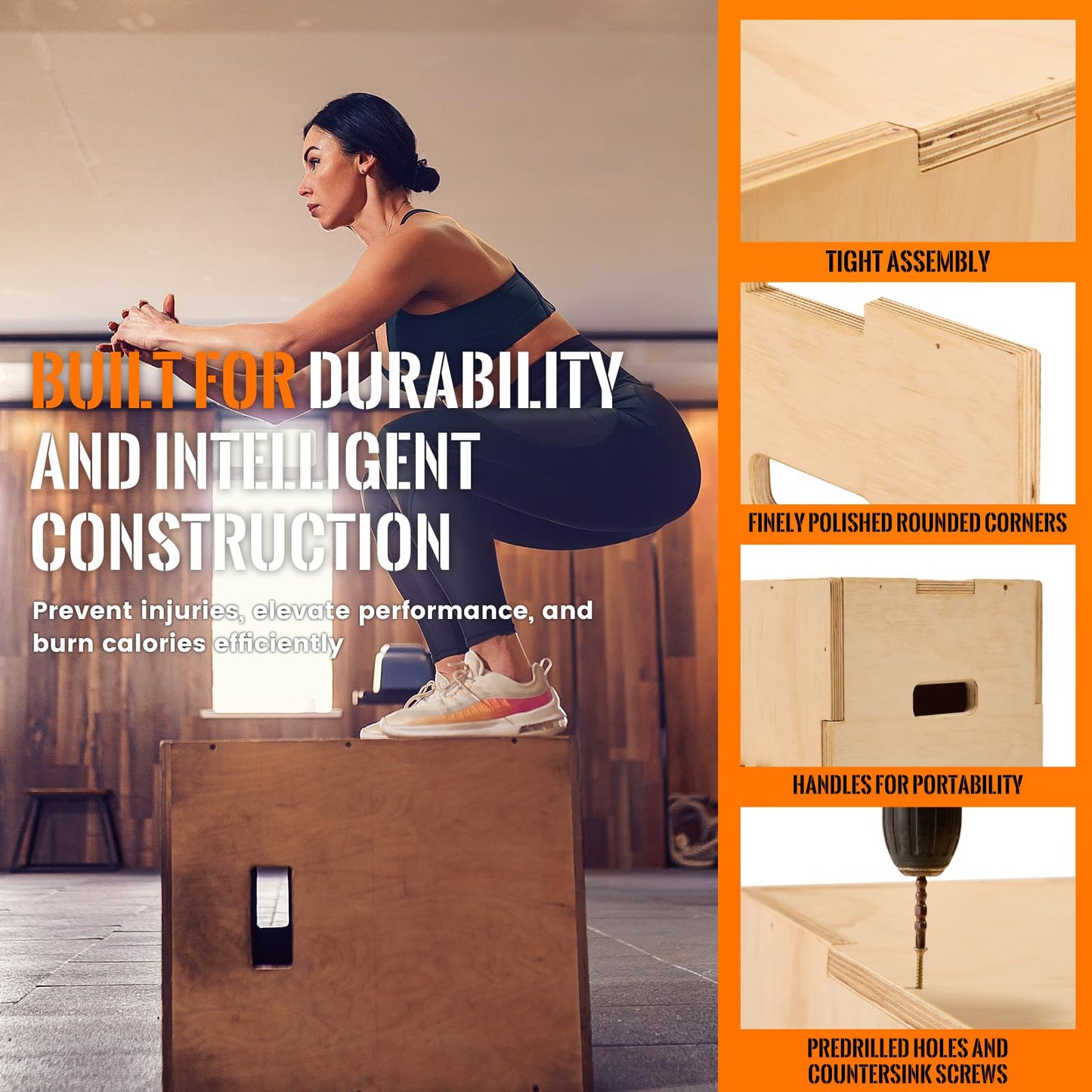 CAELUM 3-in-1 Wood Plyo Box - Non-Slip Plyometric Jump Box for Home & Gym, 400lbs Bearing Fitness Launch Box for Jumping Squats Step-ups Strength Training (‎16" x 14" x 12")