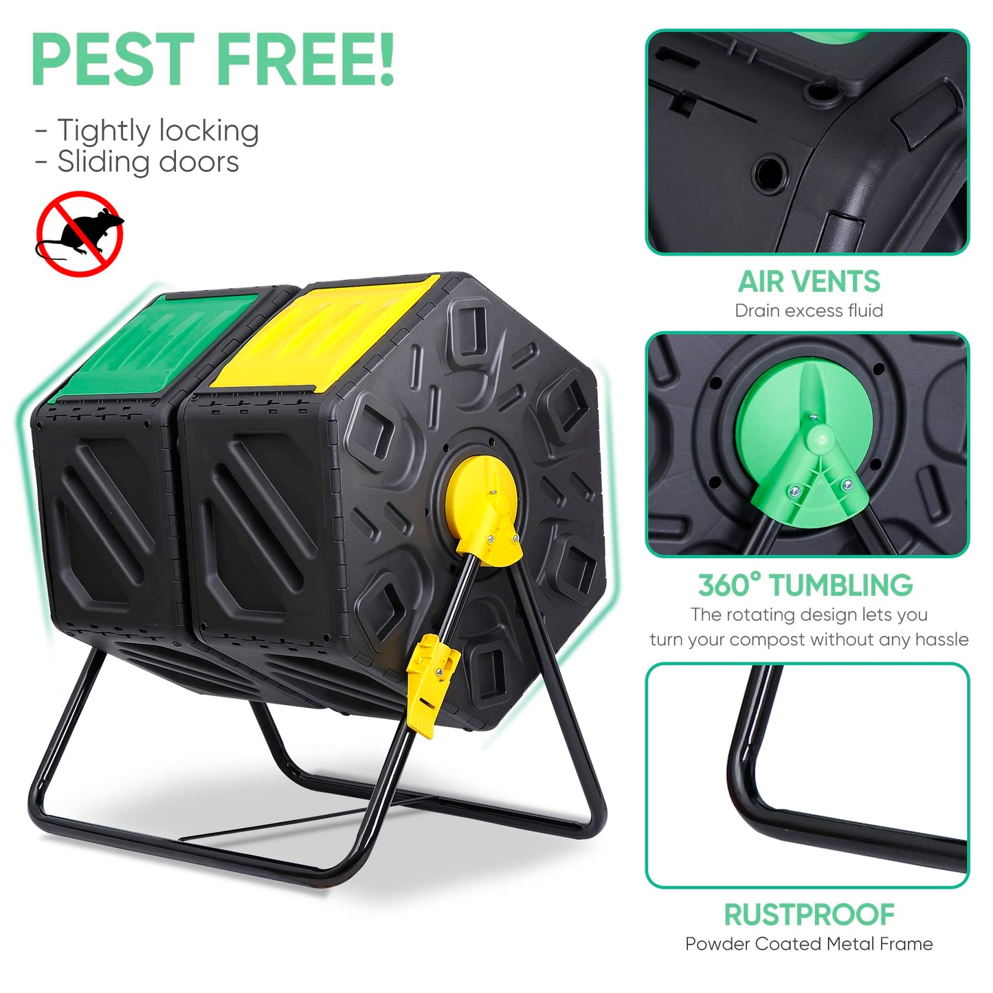 HomGarden Large Dual Chamber Compost Tumbler Heavy-Duty Outdoor Bin Composter with 2 Sliding Doors Easy-Turn, All-Season 37 Gallon High Volume Composter Black