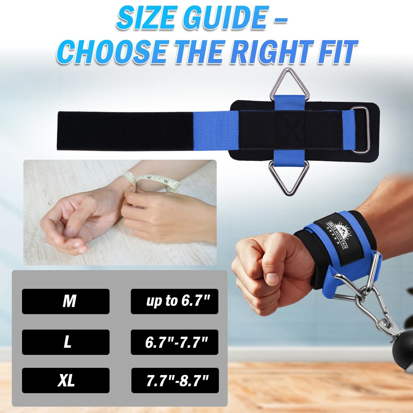 Lights Mountain Wrist Cuffs for Cable Machines – Padded & Adjustable Straps for Lateral Raises, Tricep Pushdowns & Strength Training (Blue M)