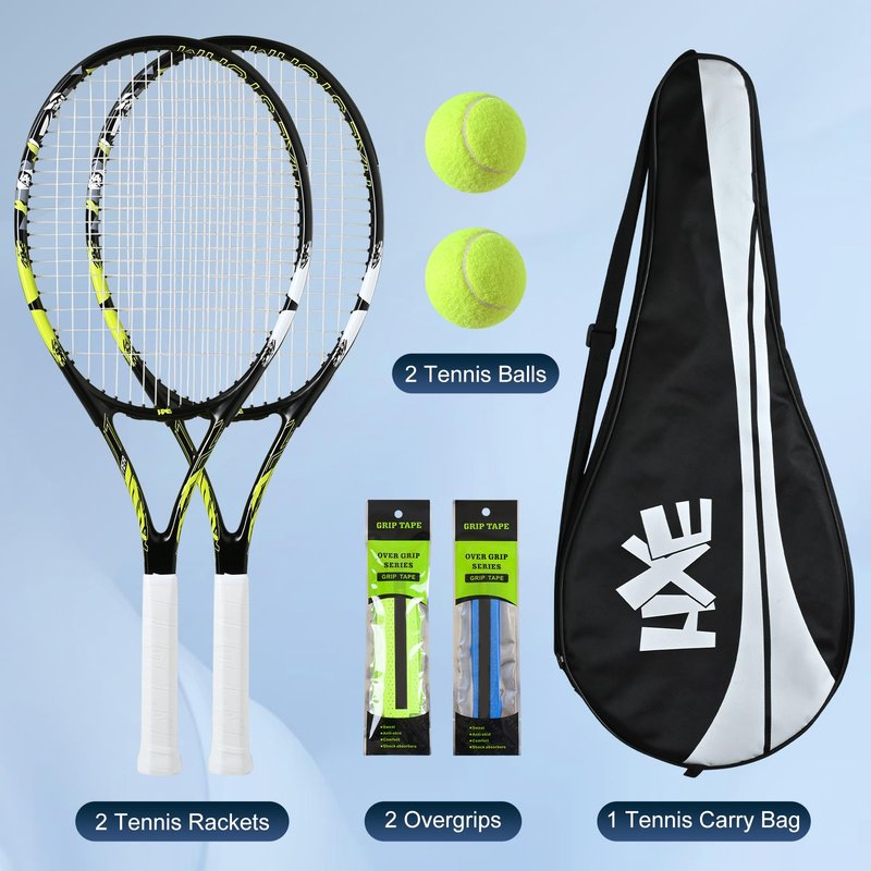 HXE Tennis Rackets for Adults, 2 Player Pre-Strung 27 inch Recreational Tennis Racquet Set for Beginner and Professional with 2 Balls, 2 Overgrips and 1 Carrying Bag