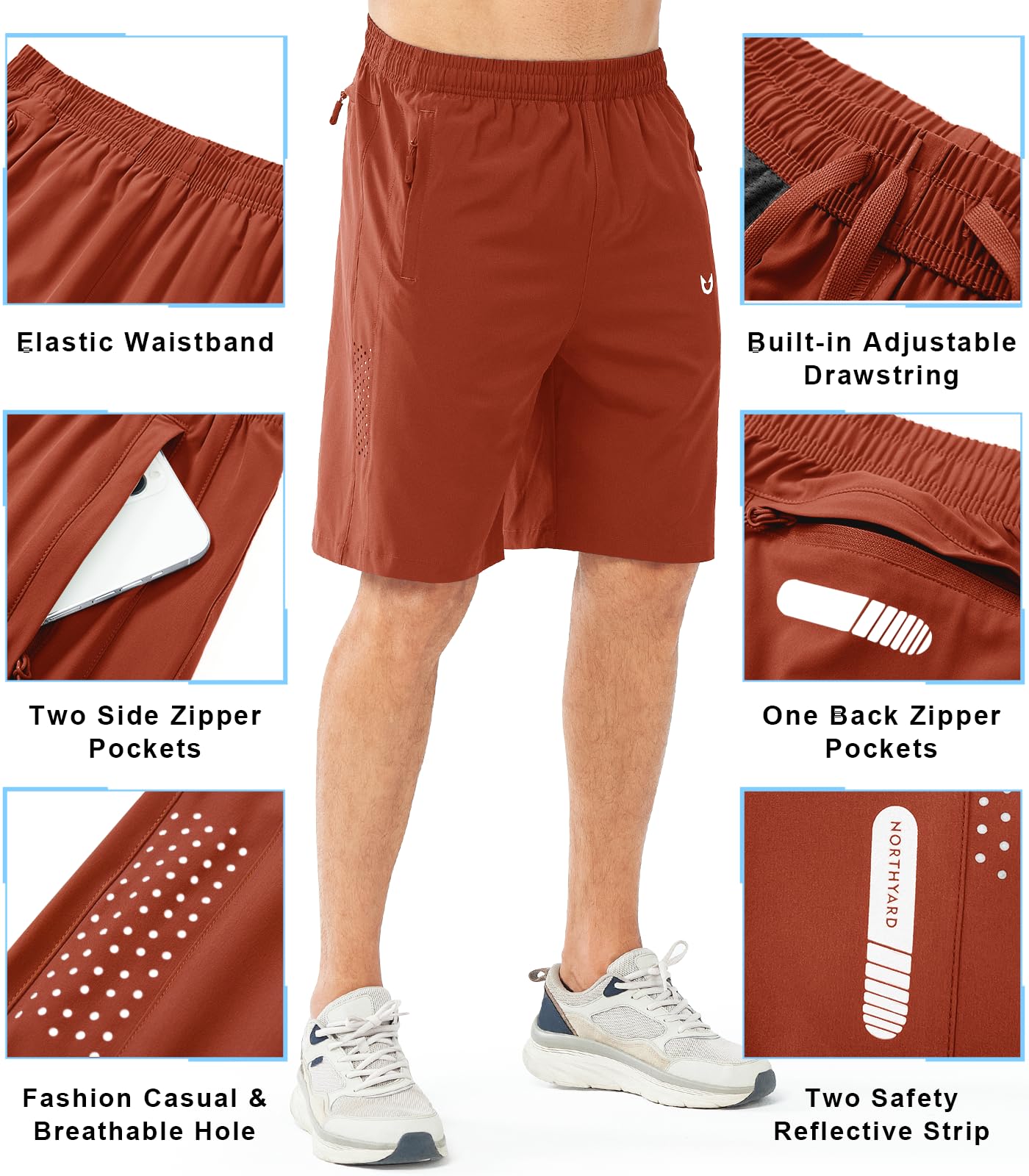 NORTHYARD Men's Athletic Running Shorts Gym Workout 7"/9"/5" Quick Dry Lightweight Sports Basketball Tennis 3 Zipper Pockets REDCLAY-9inch 4XL