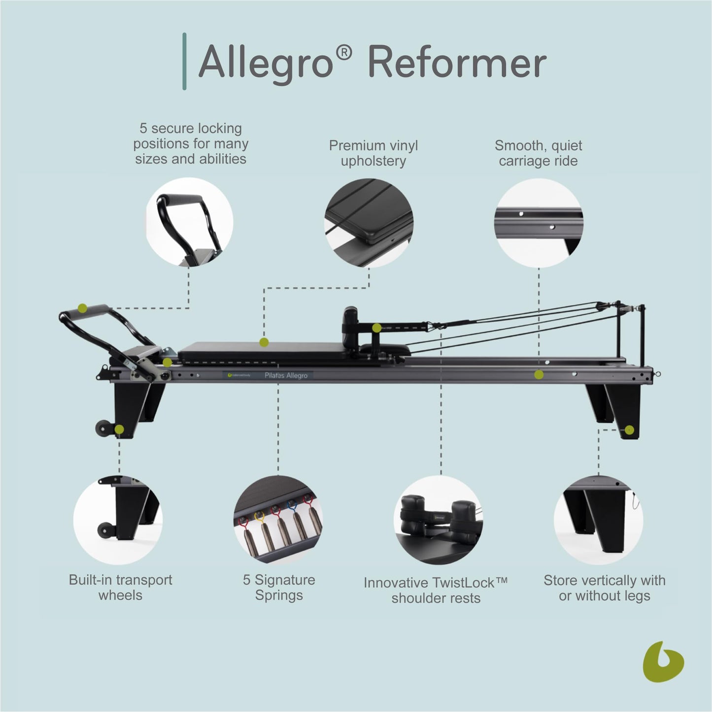 Balanced Body Allegro Reformer with 14-Inch Leg Kit, Pilates Exercise Equipment for Home or Studio, Black Upholstery, 93" L x 36" W Frame