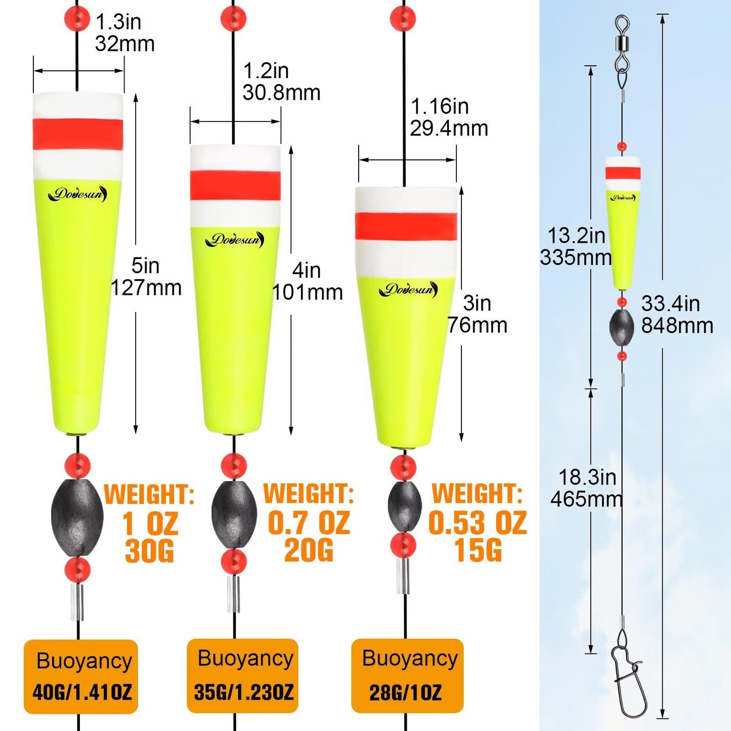 Dovesun Popping Cork Weighted Fishing Bobbers Floats Fishing Corks Popping Corks for Saltwater Freshwater Yellow Float Length-4in & Buoyancy-1.23oz*5pcs