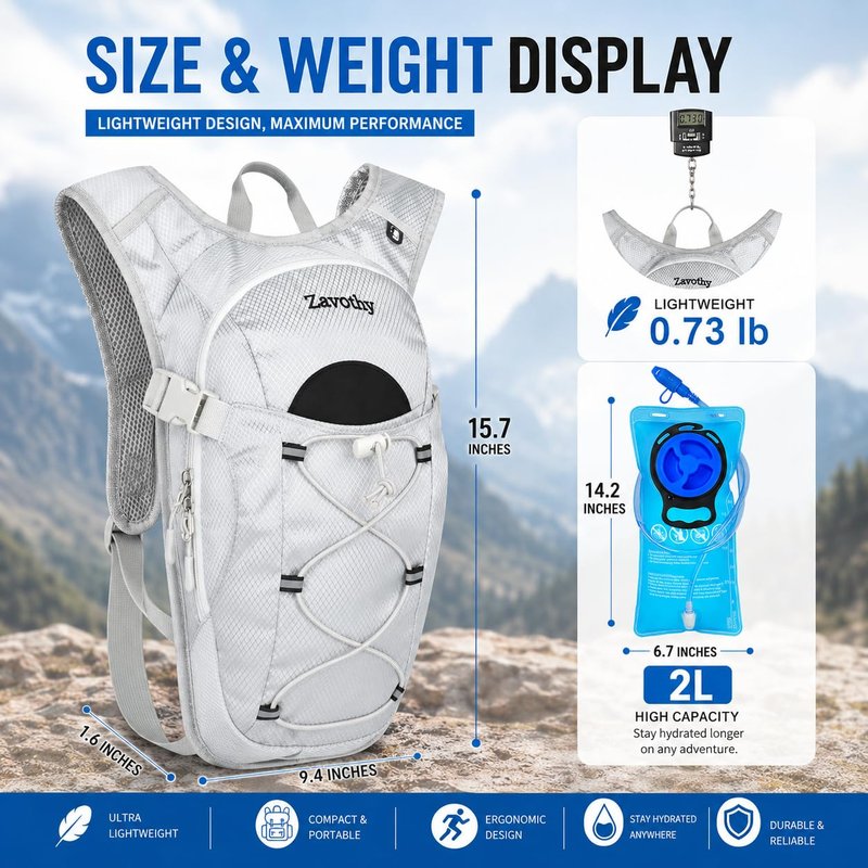 Zavothy Lightweight Hydration Backpack with 2L Water Bladder Water Backpack Hydration Pack for Cycling Running Biking Hiking Backpack Silver
