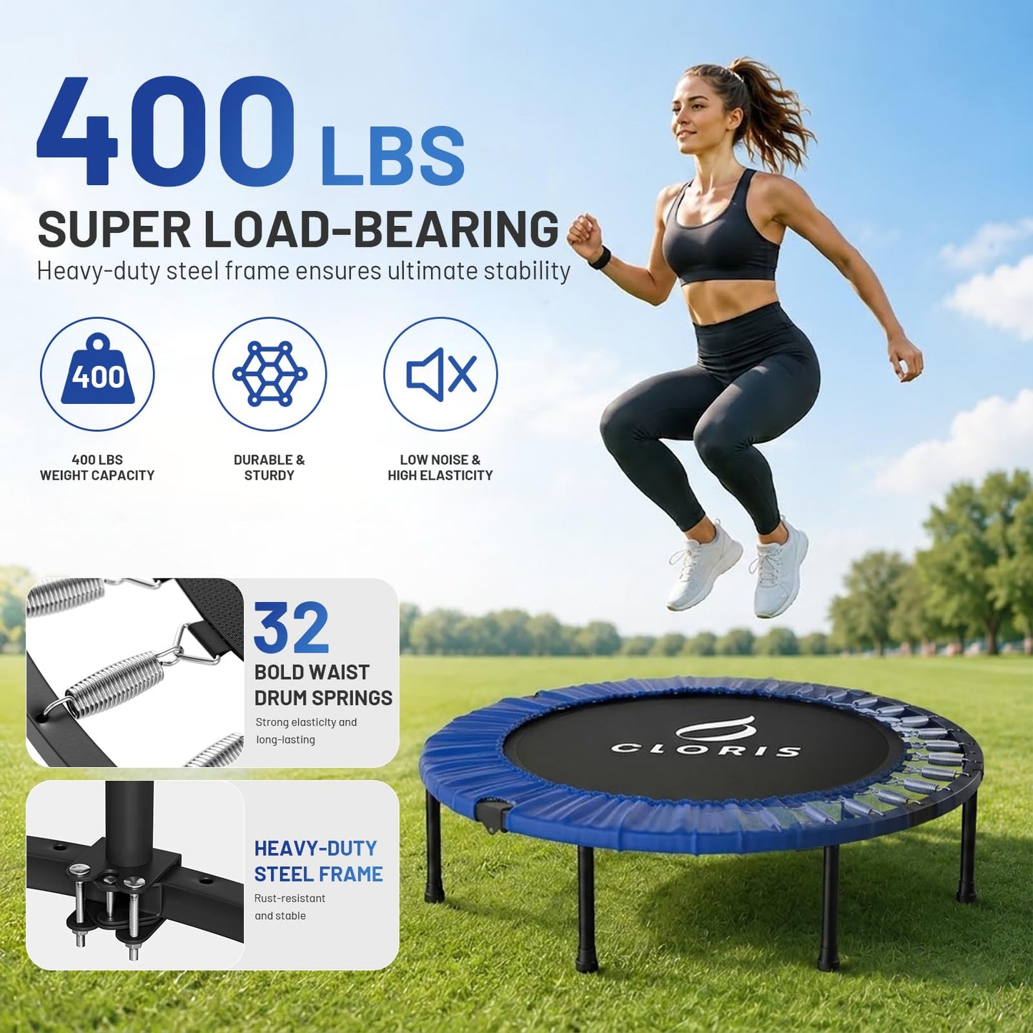 CLORIS Rebounder Trampoline for Adults 40 Inch, 400 lbs Capacity with 5-Level Adjustable Bar, Foldable Mini Indoor Fitness Workout Exercise Equipment Blue