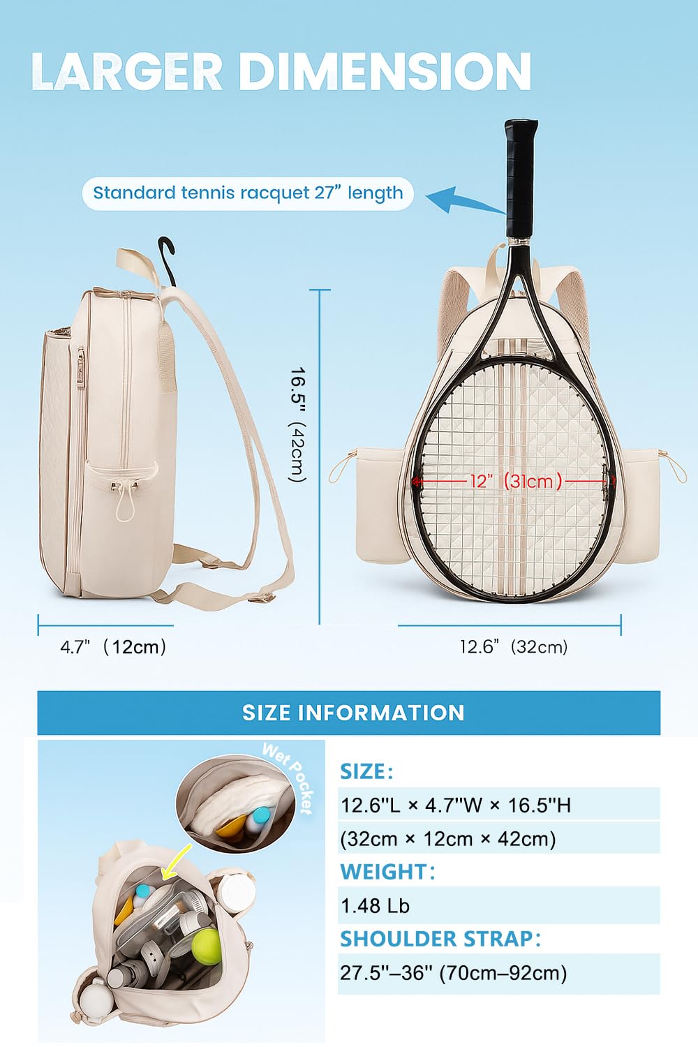 Parachase Tennis Bag for Women and Men, Quilted Tennis Backpack, Water Resistant Sling Crossbody Backpack, Suitable for Pickleball Tennis Badminton, Beige, M