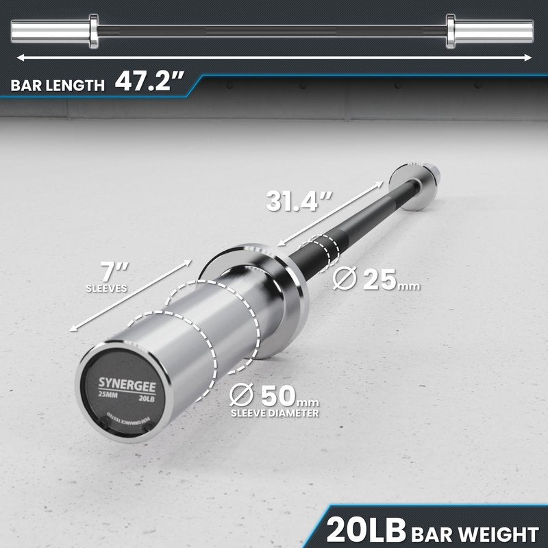 Synergee 4-Foot Barbell with 2” Sleeves. Rated 500lbs for Weightlifting. Available in Black.