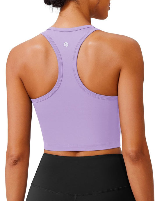 PINSPARK Racerback Sports Bras for Women Workout Tops Built in Bra Longline Padded Tank Tops Yoga Bras for Women Medium,Elfin Purple
