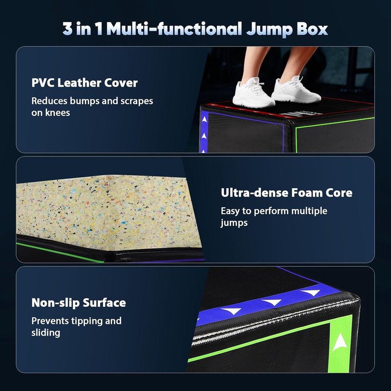 Plyometric Jump Box - 3 in 1 Heavy Duty Foam for Home Gym | Non-Slip PVC Leather, Easy to Clean for HIIT & Strength Training